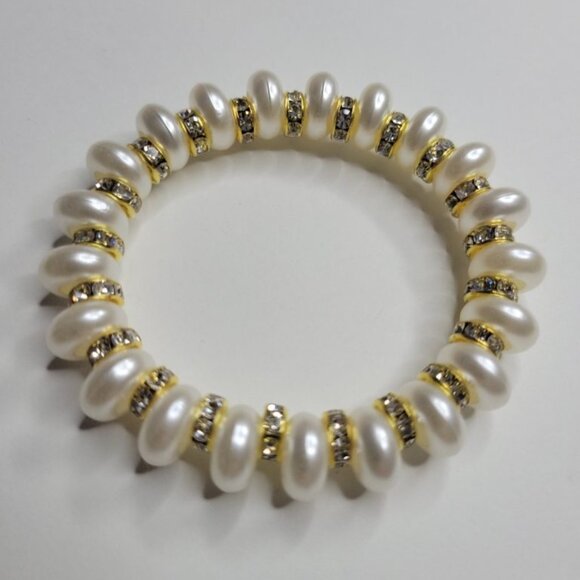 NWT Ladies Pearlescent Beads And Golden Rhinestone Stretch Bracelet S, M, L, XL - Picture 6 of 8